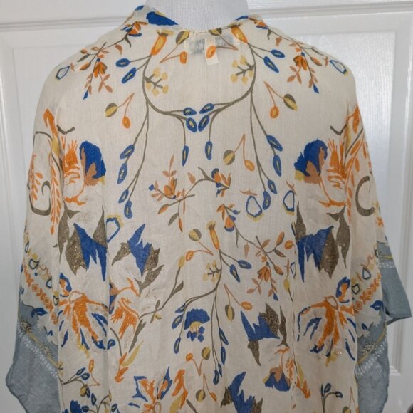 Woven Heart Floral Duster Kimono Womens One Size Blue Fringe Lightweight Boho - Picture 10 of 11